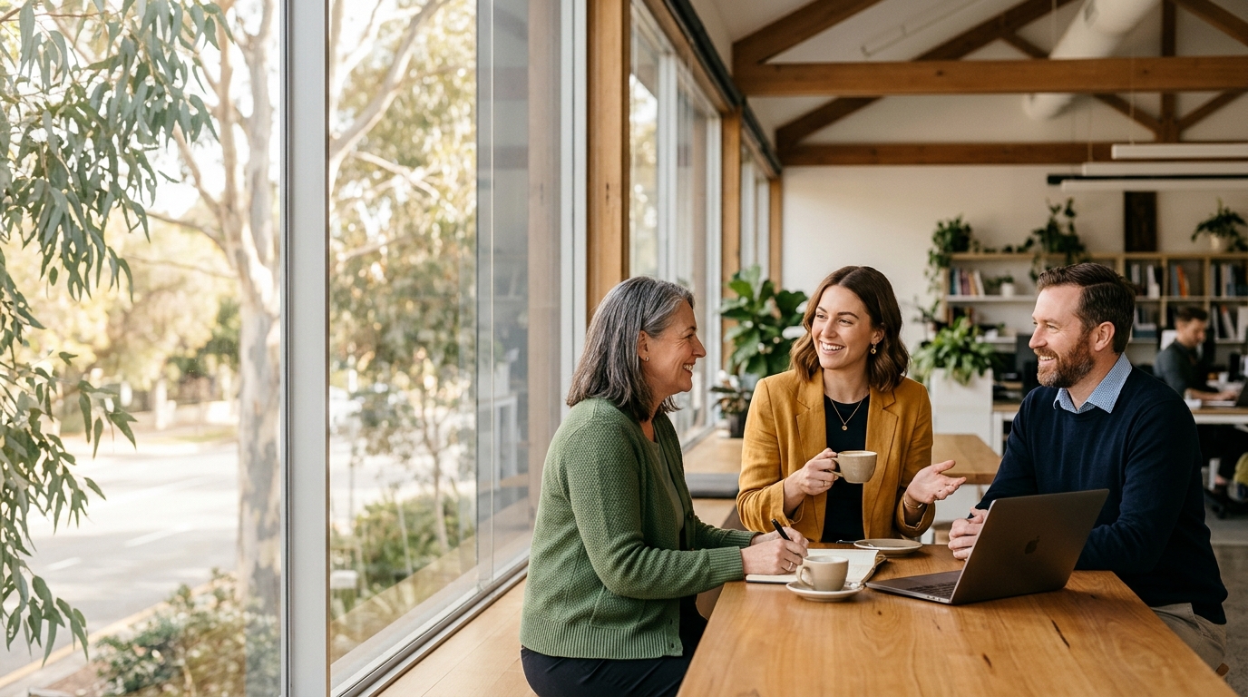 First Choice Accounting advisors meeting with a client over coffee in our sunlit Unley office
