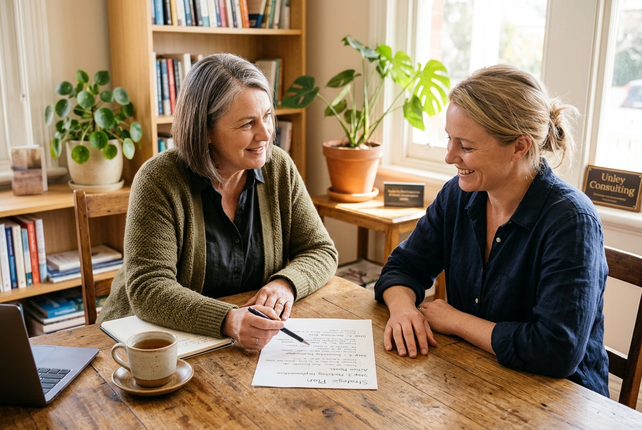 Reassuring one-on-one advisory consultation in a warm Unley office