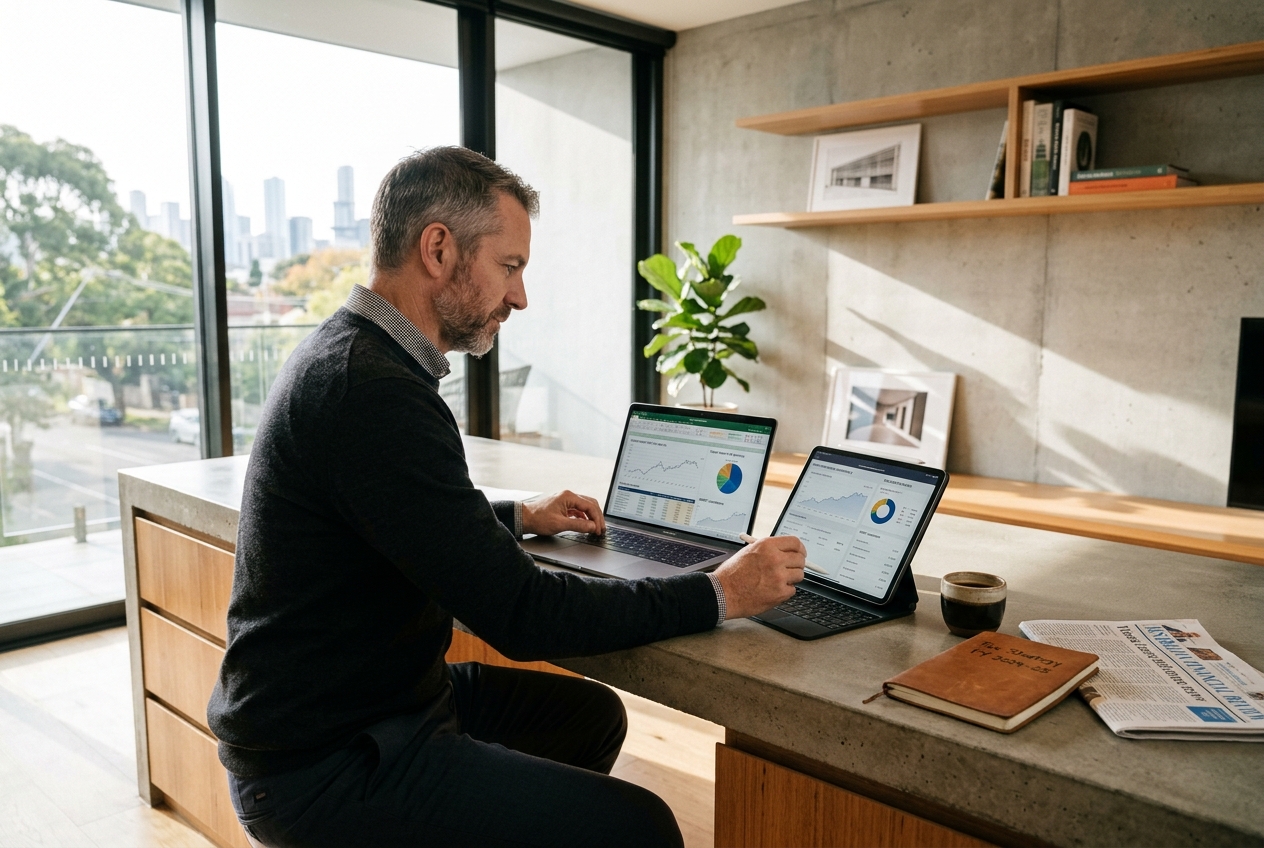 Australian investor reviewing digital asset tax strategy on laptop and tablet in a modern studio