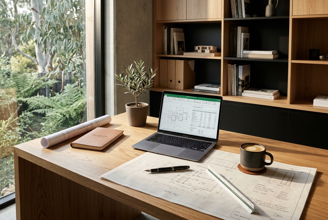 Organized architectural timber desk representing proactive year-round tax advisory and planning