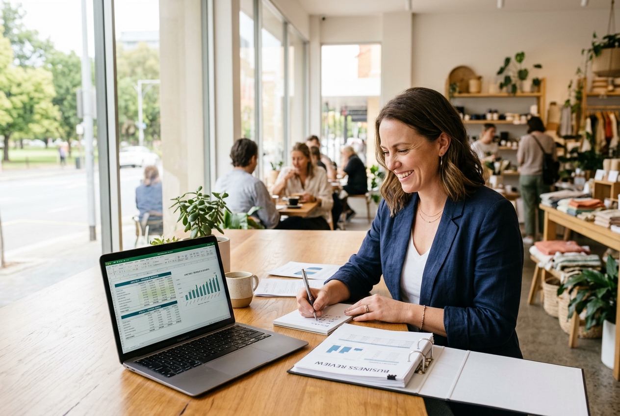 Adelaide business owner reviewing financial strategy and growth metrics