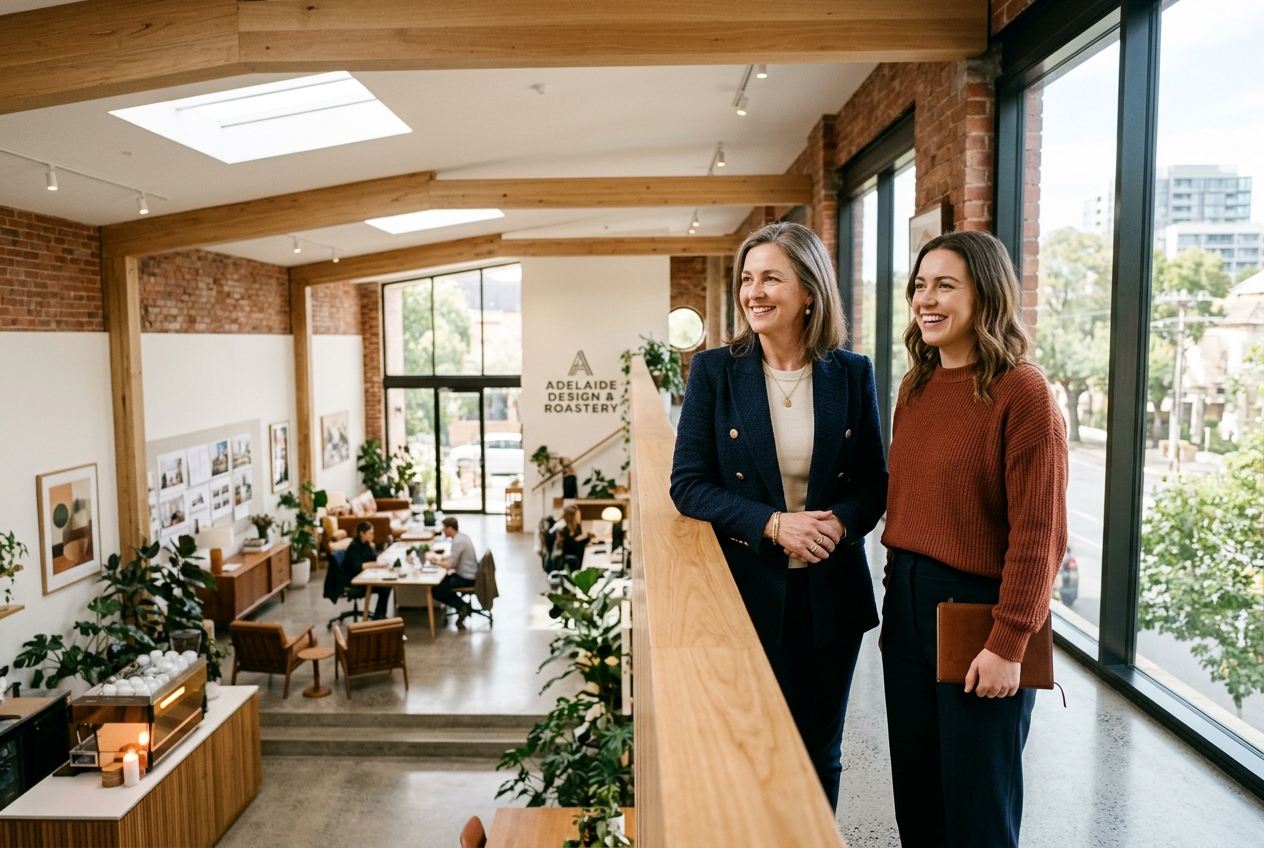 Two Australian business owners standing together in a modern Adelaide commercial studio during a business transition