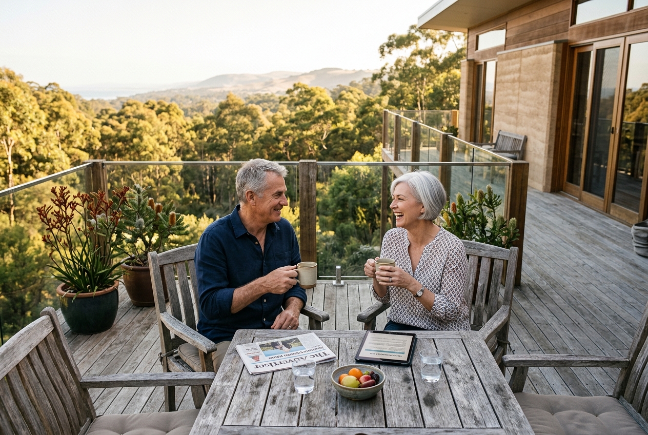Accomplished Australian couple enjoying morning coffee on a sunlit deck overlooking eucalyptus trees in retirement