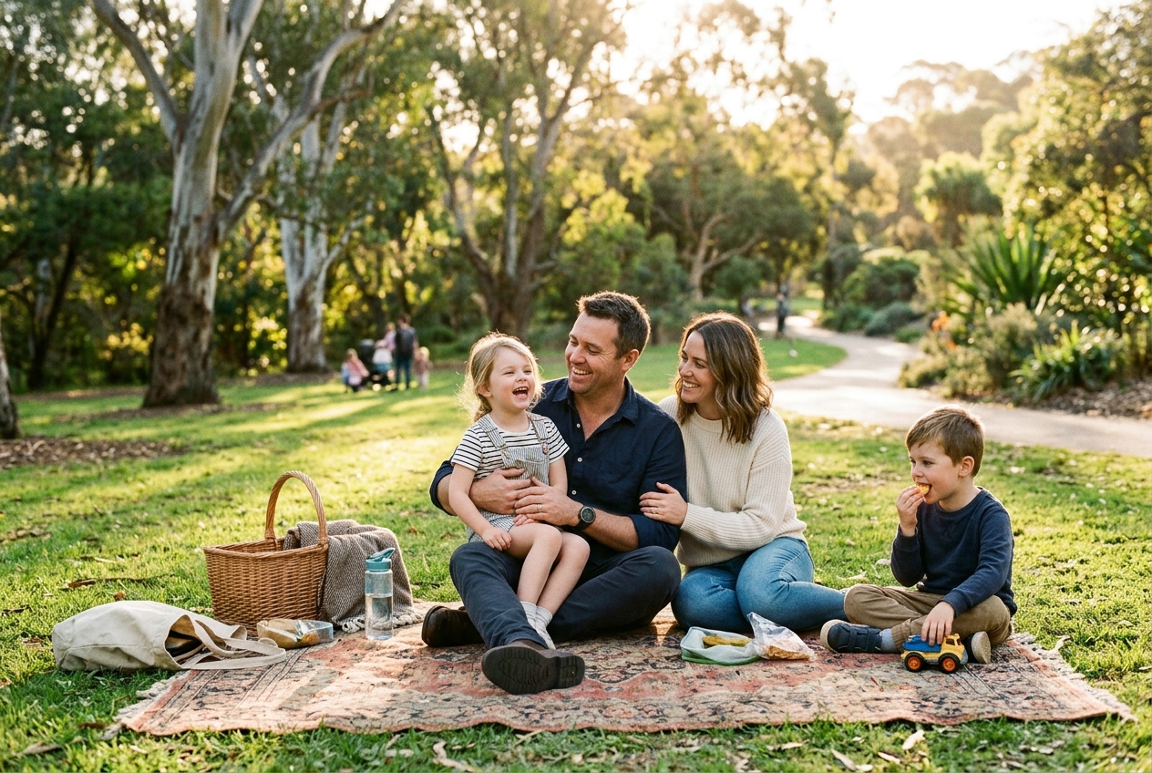 Small business owner enjoying golden hour afternoon in a leafy Adelaide park with family